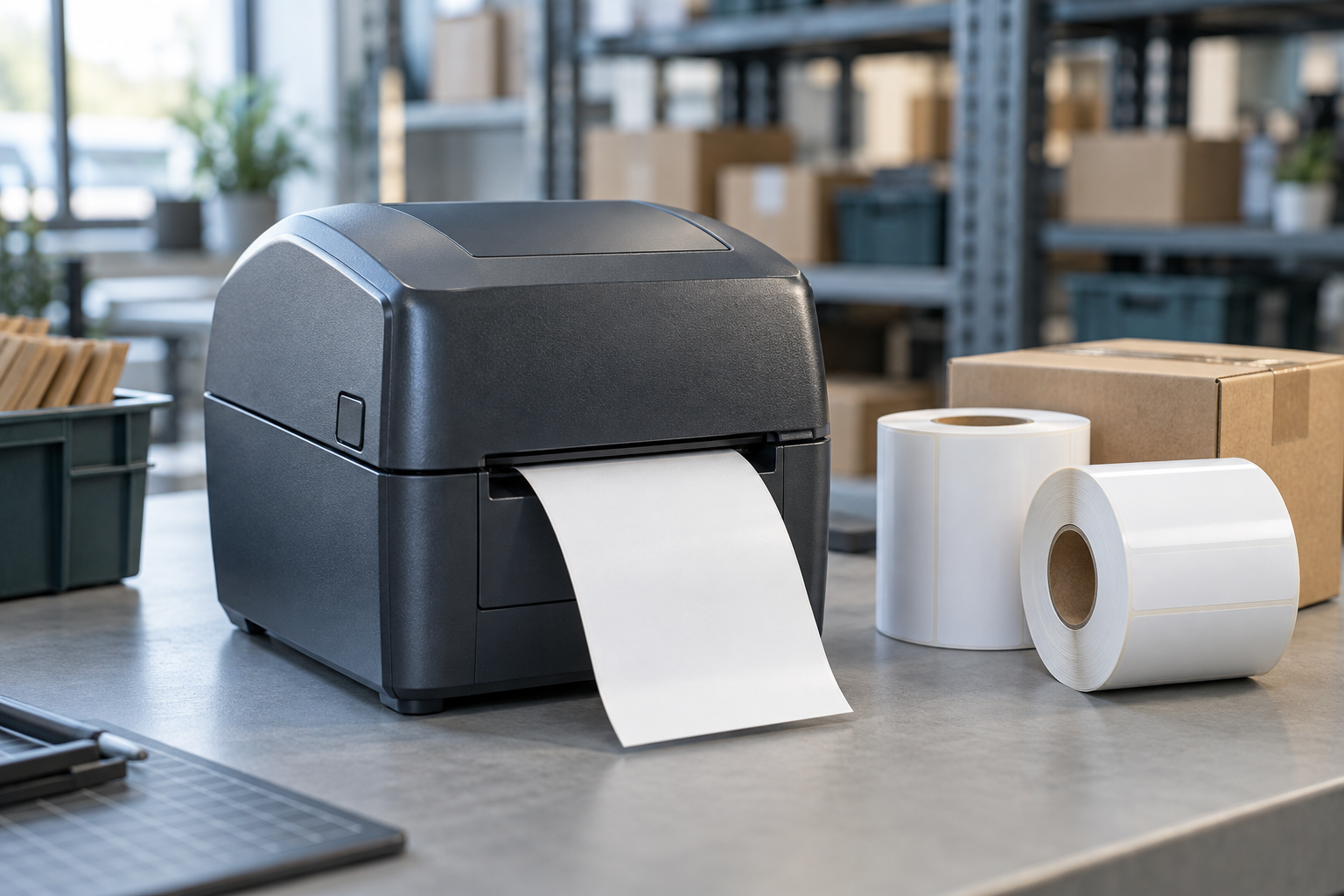 Desktop label printer and spare label rolls on the dispatch bench