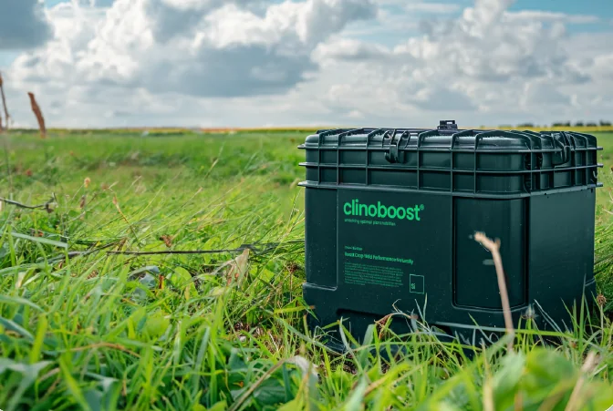 A large Clinoboost flowbin in long grass under a wide sky