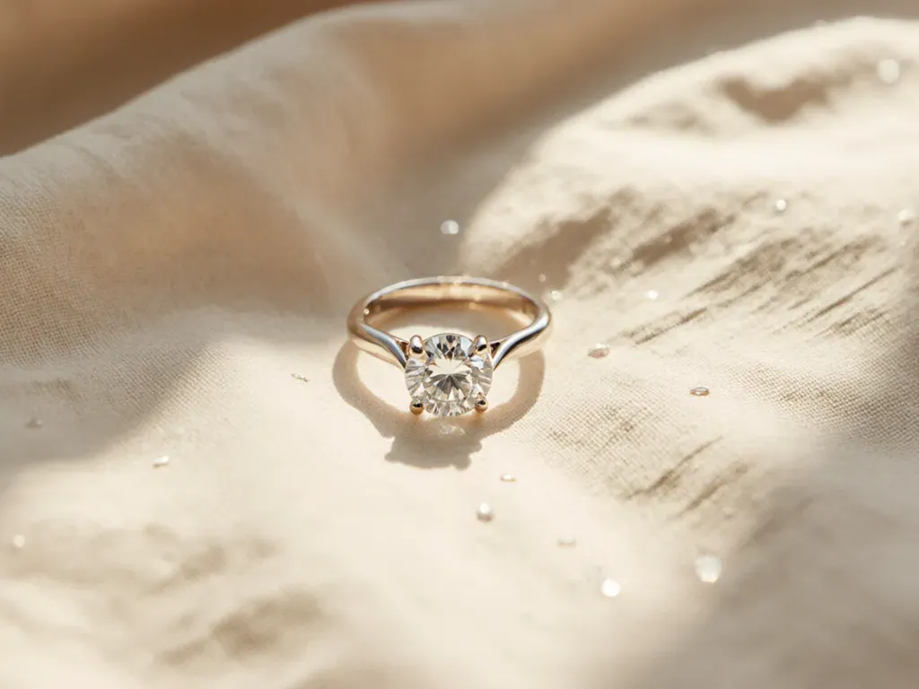 A solitaire ring resting on linen in morning light