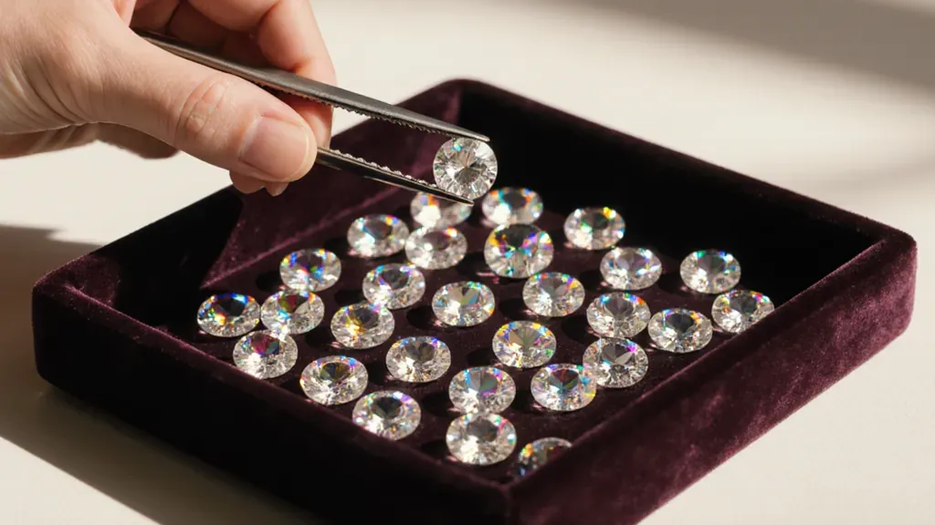 A tray of loose moissanite stones being picked with tweezers