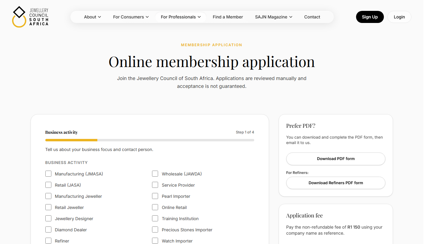 JCSA online membership application showing the first of four business activity steps