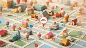 an illustrated 3d map showing google business profiles in a city map