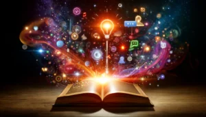 Intriguing featured image for a blog post on the power of storytelling in marketing, featuring a glowing book with light trails and floating digital symbols like social media icons, lightbulbs, and speech bubbles on a dark, vibrant background.